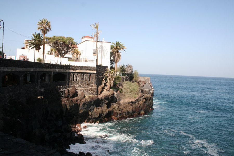 Felsküste mit weißem Gebäude und Palmen an Teneriffas Westküste