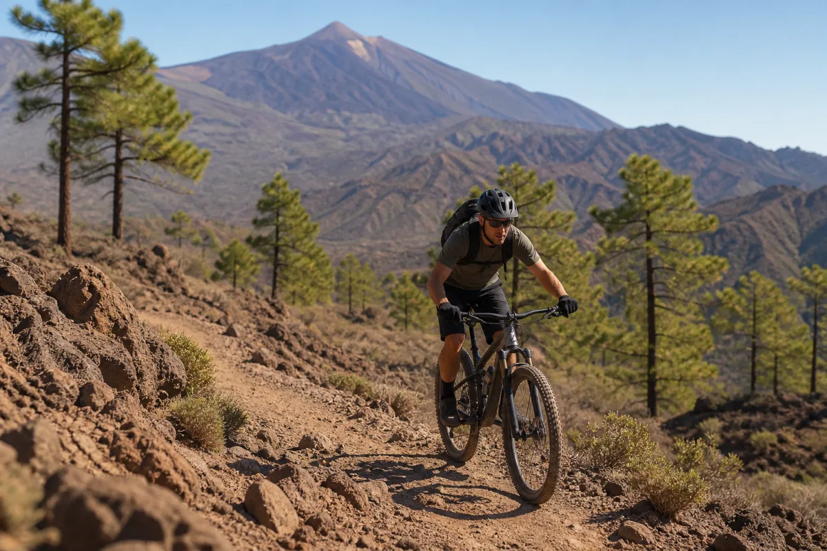 Mountainbiker auf einem vulkanischen Bergpfad